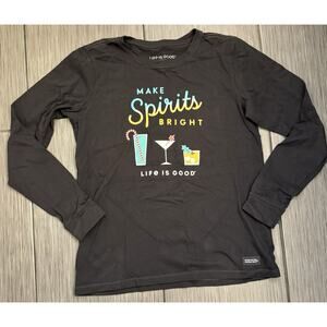 Life Is Good Women’s Black Crusher T-Shirt Make Spirits Bright Logo Size Medium